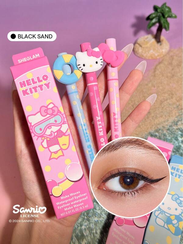 Hello Kitty｜SHEGLAM Make Waves Waterproof Eyeliner-Black Sand 3 Colors Colorful Matte Eyeliner Pencil Long-Lasting Extra-Fine Halloween Blak Eyeliner Easy To Wear Bold Eye Make Up Henna Graduation Birthday Holiday Summer Fall Autumn Y2K Fancy Fashion Women Makeup Cosmetic Party Beach Travel Camping Outdoors School Campus Trip Festivals Decor Gift Present Rose Girl Cosplay Best Color Charm Vibe