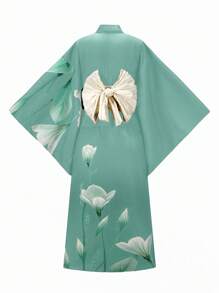 Irokai 日本女士传统印花和服浴衣宽松两件套服装，夏季节日 - 薄荷藍 - 查看 2