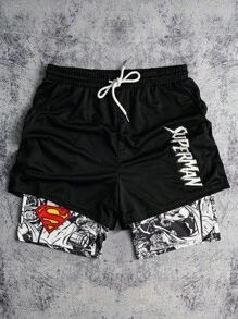 SUPERMAN X SHEIN Men's Letter & Figure Graphic Drawstring Waist Casual Shorts, Emo, 2000s Style