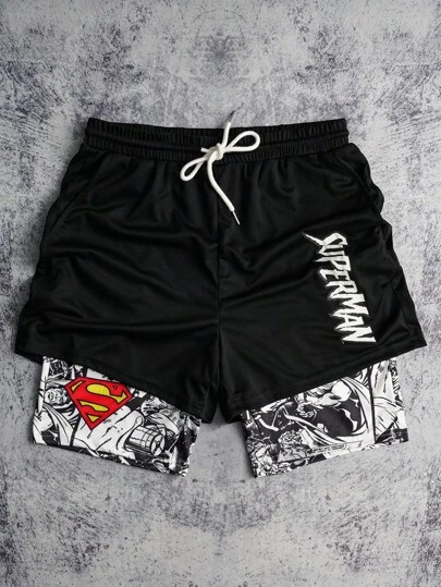 SUPERMAN X SHEIN Men's Letter & Figure Graphic Drawstring Waist Casual Shorts, Emo, 2000s Style
