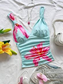 Soleia 女士度假花卉印花扭纹前背心，浪漫日常/休闲装，适合约会、海滩、音乐节 - 彩色 - 查看 1