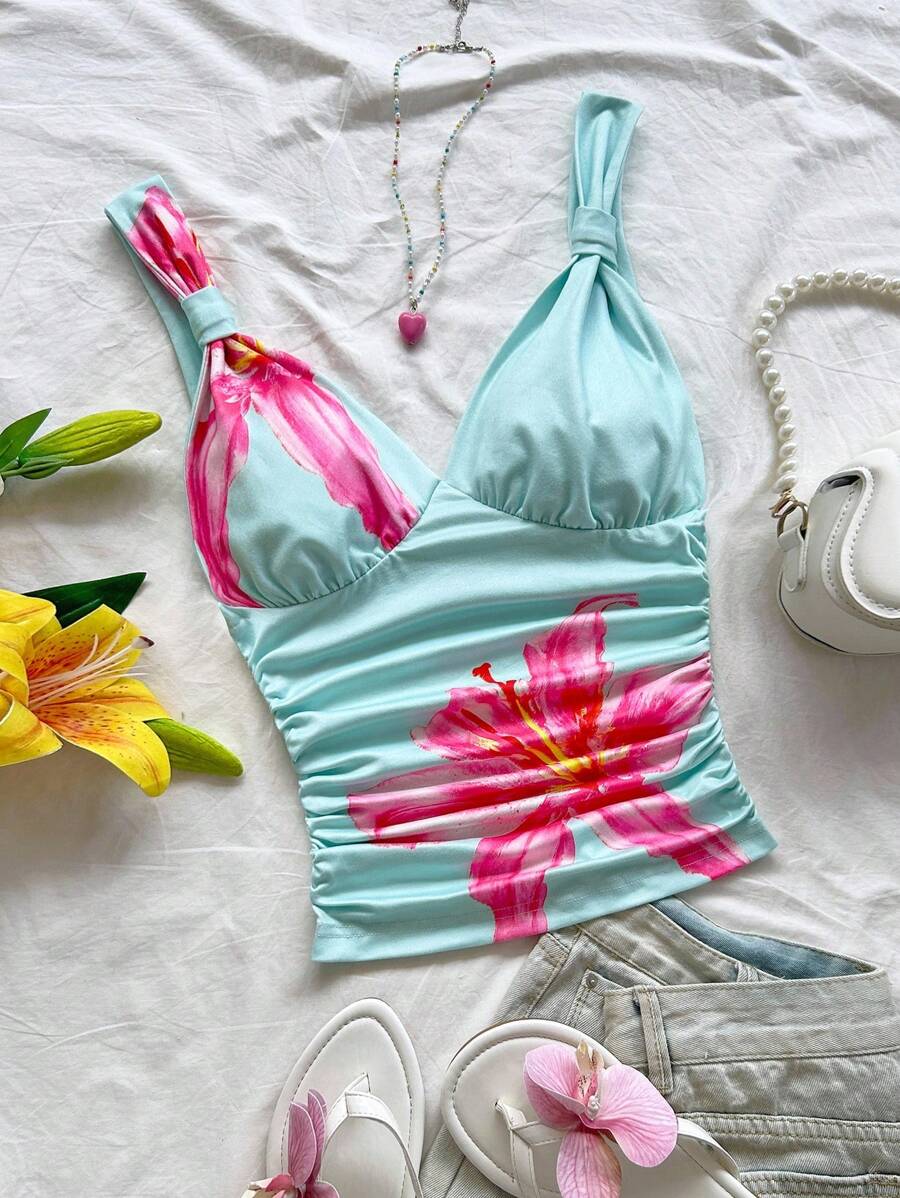 Soleia 女士度假花卉印花扭纹前背心，浪漫日常/休闲装，适合约会、海滩、音乐节 - 彩色 - 查看 1