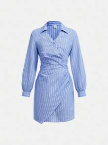 SHEIN Tween-Mädchen Lässiges Vintage Academy Hemdkleid mit blau-weiß gestreiftem Hemdkragen, Überzug, Rüschenwickel, asymmetrischem Saum und langen Ärmeln, für Ausflüge, Versammlungen, Partys und mehr - Blau - Übersicht 2