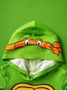 TEENAGE MUTANT NINJA TURTLES X SHEIN Baby Boy Casual Cute Turtle Print Hooded Long Sleeve Jumpsuit, For Spring/Autumn