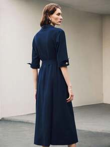 Uhlyne Uhlyne Women's Commuter Chic Linen Blouse Dress, Shirt Dress,3/4 Sleeve,Navy Blue,Easy Care,Autumn,Minimalist,Work Wear,Teacher Outfits,Back To School,Fall ,Neutral Clothes,Business Casual,Old Money Style Summer Dress