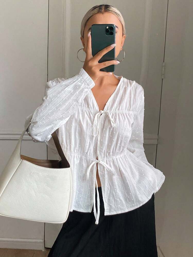 Women's Solid Color Textured Fabric Pleated Tie Waist Loose Long Sleeve V-Neck Casual Autumn Blouse,Fall Women Clothes