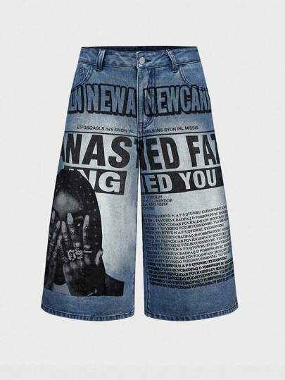 Street Life Loose-Fitting Denim Mid-Rise Shorts With Slogan & Letter Graphic For Women, Street Fashion
