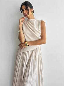 Firerie 女士优雅荷叶边无袖A字连衣裙/伞裙/返校季/学生装/派对/老钱风/外出装/派对装/办公室装/仿杏色半身裙 - 杏色 - 查看 6