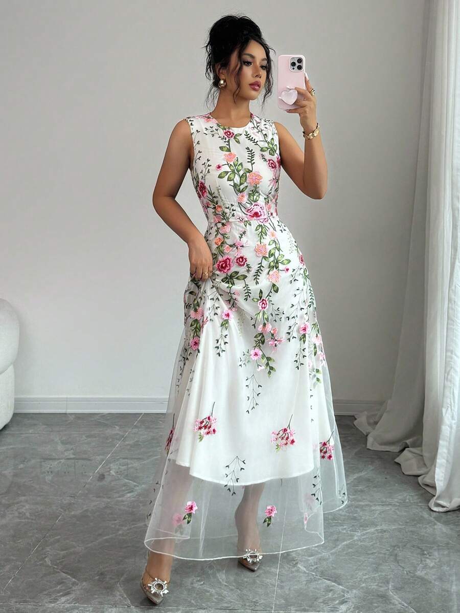 Elenzga Đầm Maxi Không Tay Cinched Eo Thêu Hoa Lưới Cho Nữ - Nhiều màu - Xem 1