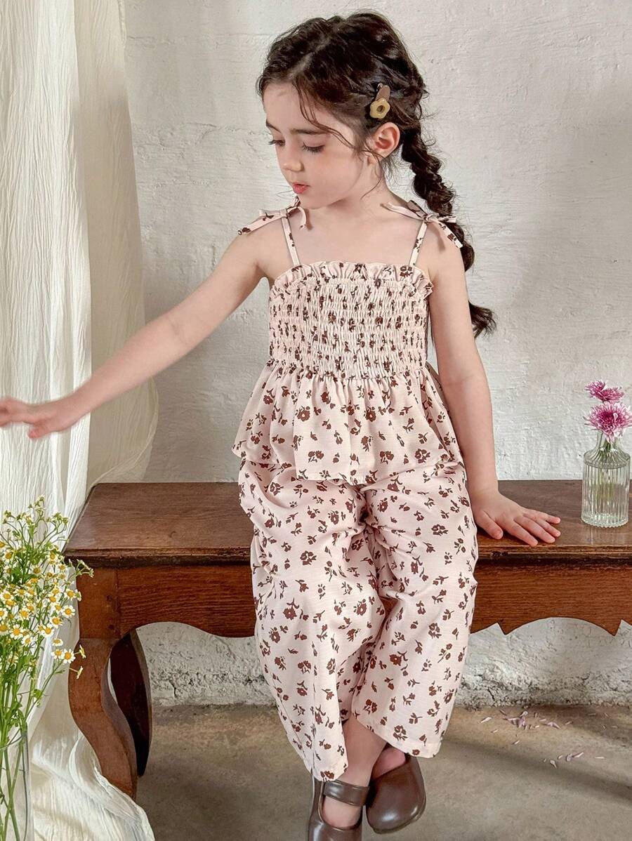 LMoss Kids LMoss 年轻女孩印花褶皱连体裤，夏季花卉秋季连体裤 - 彩色 - 查看 1