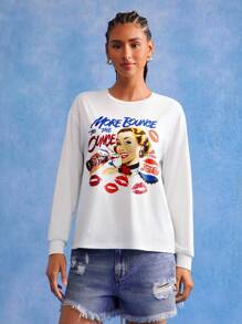 PEPSI X SHEIN Women Letter & Figure Graphic Round Neck Long Sleeve T-Shirt - White - View 4