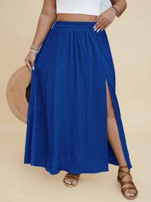 Travachic Falda casual de talla grande para mujer, de cintura elástica, unicolor simple, con abertura alta, para vacaciones