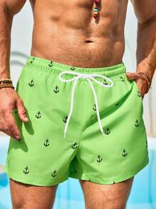 Manfinity Swimmode 男士假日休闲船锚印花沙滩短裤男士泳裤男士绿色泳裤船锚印花泳裤 - 墨綠色 - 查看 5