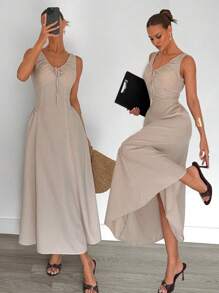Siren Gaze Women's Elegant Grey Summer Linen Dress,Sleeveless U-Neck Pleated Tie-Cinched Waist Hollow Long Dress,Fashionable Casual Office Commuting Evening Wear - Apricot - View 7