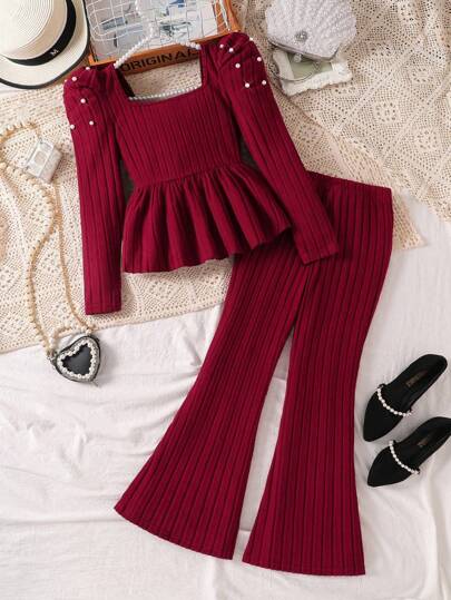 2pcs/Set Tween Girls Elegant Cute Jeweled Ribbed Fuzzy Crew Neck Puff Sleeve Top And Simple Knitted Long Pants Casual Outfits, Winter Fall Burgundy