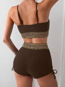 SHEIN Swim 女士假日海滩梭织拼布比基尼套装