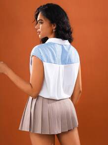 Hanevo Damen blaues und weißes ärmelloses elastisches Lässig Hemd