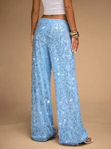 SHEIN BAE Quần ống rộng đính sequin cạp trễ dành cho nữ, thích hợp cho kỳ nghỉ ở bãi biển, mùa hè - Màu xanh nhạt - Xem 2