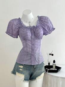 Elamini White Eyelet Embroidery Elegant Waist-Cinching Short Sleeve Blouse, Suitable For Summer - Purple - View 3