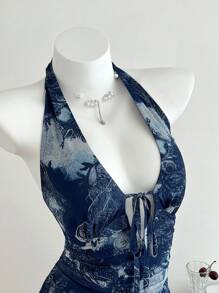 SHEIN Unity 海军蓝腰果印花低胸系带不对称下摆优雅女士度假夏装