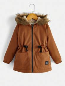 SHEIN Young Boy Casual Drawstring Waist Faux Fur Hooded Padded Parka Coat, Autumn/Winter Fall - Brown - View 4