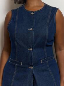 MUSERA 加大无袖纽扣牛仔上衣可爱夏日假日优雅深色水洗度假优雅浪漫曲线集体，返校 - 深色水洗藍 - 查看 2