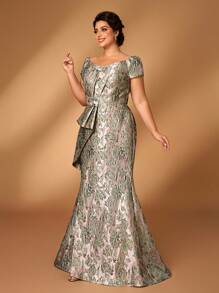 Serin Robe élégante et luxueuse grande taille en jacquard avec épaules dénudées, nœud papillon, fente et queue de poisson, convenant pour les mariages, événements, fêtes, lunes de miel, galas, mères de la mariée, l'été