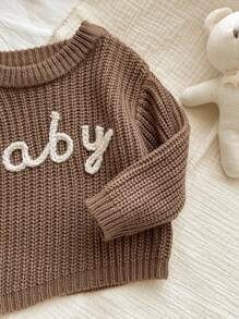 SHEIN 新生女婴休闲字母图案长袖毛衣，百搭秋冬装 - 卡其色 - 查看 6