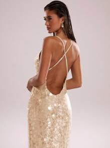 SHEIN BAE Mùa hè gợi cảm tuyệt đẹp màu xanh bạc hà sequins Boho bãi biển trang phục đi nghỉ hòa nhạc cho phụ nữ váy cổ yếm mùa hè, trang phục mùa hè cho phụ nữ, trang phục câu lạc bộ phụ nữ gợi cảm, váy đi nghỉ lấp lánh, váy dự tiệc - Màu be - Xem 6