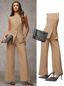 SHEIN BAE Women's Solid Color Round Neck Single-Breasted Vest And Pants Elegant Commuter Suit, Summer Fall Women Clothes Women Set Office Wear Business Casual Women Two Pieces Outfits Fall Women Office Wear Women Set Women Blazers Set