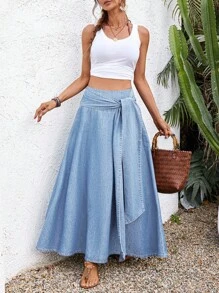 Vivid Eden 女士牛仔裙休闲度假宽松长裙蓝色腰带蝴蝶结长裙休闲度假风春夏西装女节日裙波西米亚风牛仔女 - 淺色水洗藍 - 查看 1