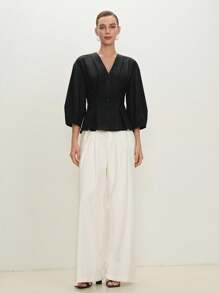 BizChic Women's Black Lantern Sleeve A-Line V-Neck Urban Commuting Office Business Casual Elegant Blouse, Ladies Professional Formal Wear Top - Black - View 2