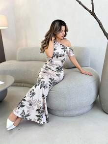 Jemour 全新女式花卉印花不对称肩部褶饰设计鱼尾下摆优雅精致派对约会连衣裙，修身显瘦