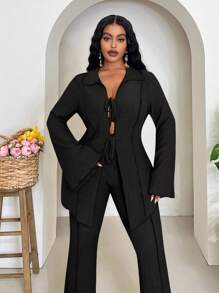 Veslaya 2 piezas Conjunto de mujer talla grande 2025 Primavera/Verano Casual/Playa/Viaje por carretera/Escapada urbana Cardigan con lazo en el cuello en color caqui sólido y pantalón ancho de pierna larga con cintura elástica Conjunto de 2 piezas talla grande - Negro - Ver 5