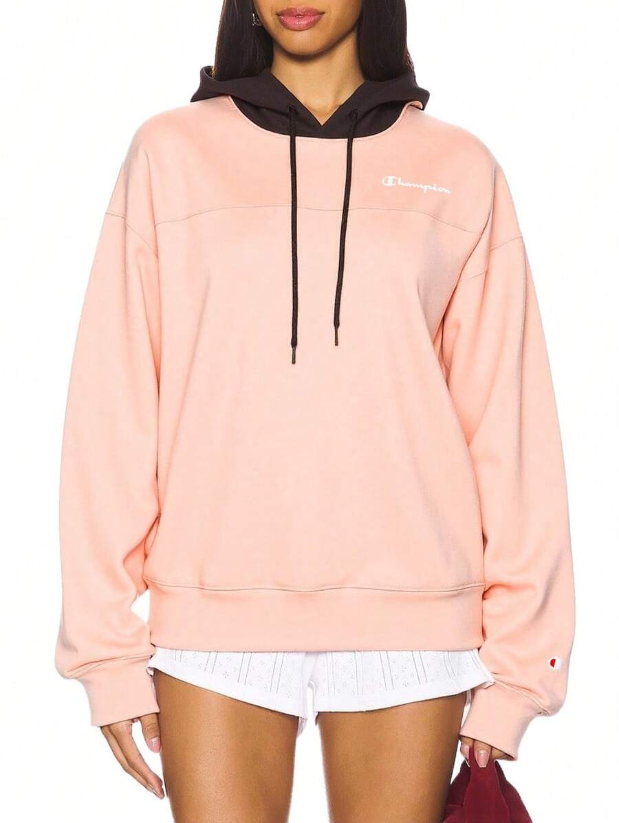 Champion 1 件女式撞色长袖抽绳连帽休闲运动衫 - 粉色 - 查看 1