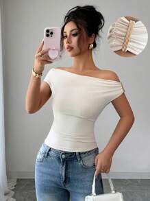 Elenzga Damen Sommer Strick elastisch anliegende asymmetrische Schulter Rüschen Metall Knopf Lässig Elegant T-Shirt - Aprikosenfarben - Übersicht 1