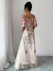 Elenzga Women Elegant Mesh Floral Print Fitted A-Line Maxi Dress Floral Formal Dress Embroidered Formal Dress Off Shoulder Formal Dress Garden Wedding Guest Dress - Multicolor - View 2