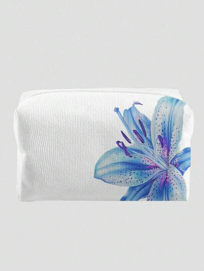 Fairycore Blue Lily Flower Pattern White Background Velvet Makeup Bag