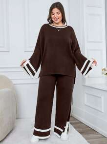 EURMUSE 1pc Contrast Trim Drop Shoulder Sweater & 1pc Knit Pants - Brown - View 5