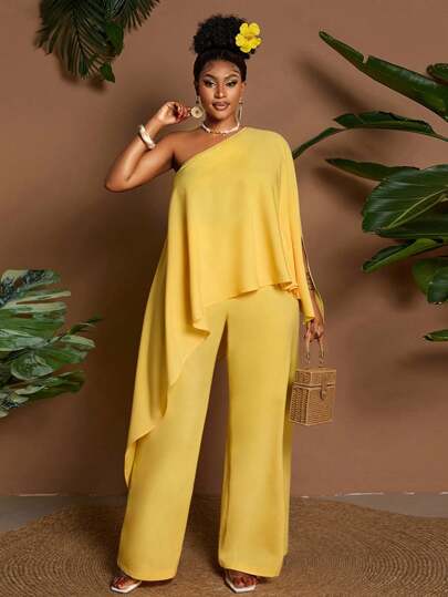 Maweii Spring, Summer, And Autumn Off-The-Shoulder Irregular Handkerchief Hem Yellow Loose Vacation Leisure Outfit, Simple Commute Fashion Design, Unique Style New Arrival, Essential For Elegant, Refined Plus-Size Women's Two-Piece Set