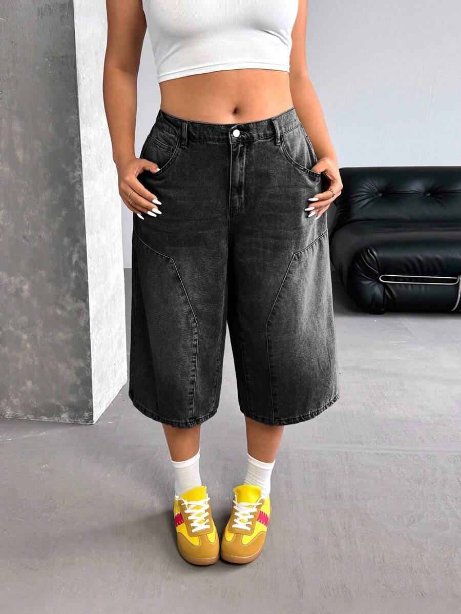 SHEIN ICON 复古水洗宽松七分牛仔裤