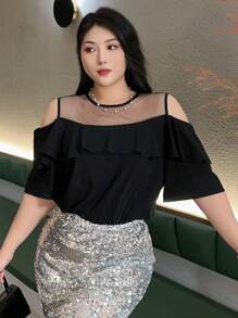 Dazy Plus 大码夏季优雅网眼拼布荷叶边露肩衬衫 - 黑色 - 查看 4