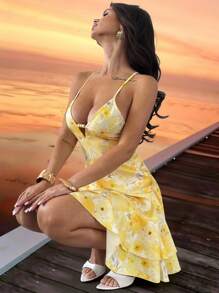 Firerie Ladies New Elegant Yellow Floral Beaded Halter Back Dress With Ruffled Skirt/Butter Yellow Skirt/School Clothes/Ountry Outfits Women /Butter Yellow Dress/Back To School Season/Tea Party/Leisure Vacation