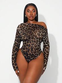 SHEIN SXY 大码女装春夏优雅性感日常简约时尚休闲网纱透视豹纹不对称连体衣，适合西式穿搭、邮轮度假、音乐节、演唱会、狂欢派对、波西米亚风、度假、郊游、海滩度假、层次丰富的穿搭、假日、约会之夜、聚会、生日、单身派对、鸡尾酒会、正式活动、辣妹风、伊比沙岛、纳什维尔、休闲、锐舞派对、简约、时尚、夜店、可爱、休闲、购物、街头风、外出等场合，修饰身材 - 彩色 - 查看 3