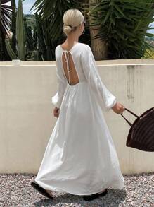 Livesso Đầm dài hở lưng cho nữ, mẫu mới về mùa thu, đầm dài tay maxi. - trắng - Xem 6