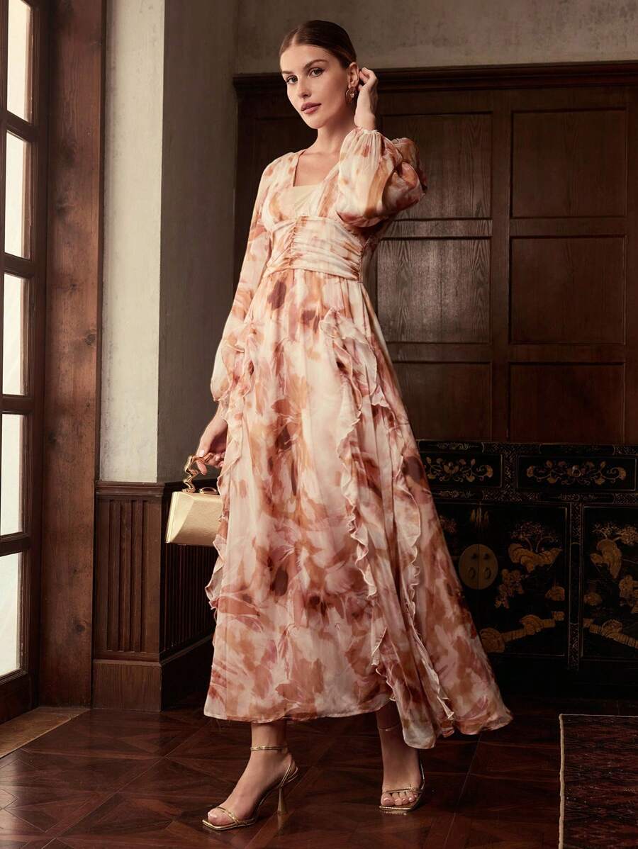 ZEYLAH Đầm Maxi Tay Dài Cổ Chữ V Eo Ruffle Viền Dài Thanh Lịch - Nhiều màu - Xem 1