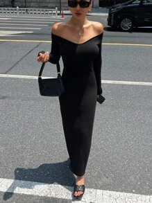 DAZY Women V-Neck Long Sleeve Waist-Cinched Mid-Length Dress,Fall Dress Off Shoulder Top - Black - View 4