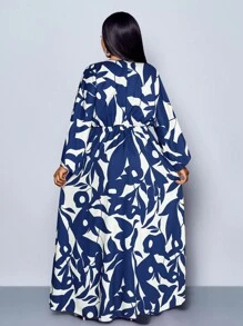 SOLERSUN 女士节日花卉印花 V 领长款优雅荷叶边袖荷叶边开叉大腿长裙，适合度假、约会和日常装扮 - 藏蓝色 - 查看 2