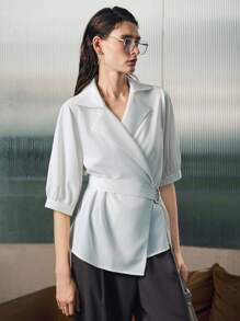 Uhlyne Women's Fashion Simple Turndown Collar Metal Detail Mid-Sleeve Casual Blouse,White Light Weight Blazer Shirt,Easy Care,Little Strech,Autumn,Minimalist,Work Wear,Teacher Outfits,Back To School,Fall ,Neutral Clothes,Business Casual,Old Money Style All White - White - View 4