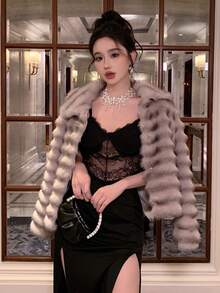 DAZY 时尚轻薄光滑蓬松领夹克，女士冬季外套 - 灰色 - 查看 3